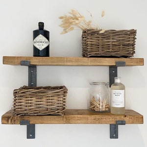 Rustic Metal Bracket Shelves Handcrafted Using Solid Wood | 21.5cm Depth x 4cm Thickness | Chunky Wall shelf | Rustic Kitchen Shelves