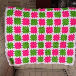 Pink, Green and White Crochet Blanket