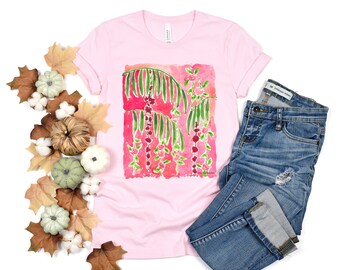 Palm Tree Floral Design T-Shirt, Tropical tshirt, Watercolor Tropical Flower Tee, Floral T-Shirt, Coastal Grandmother Style
