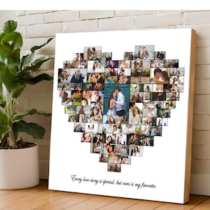 May include: A white canvas print with a heart-shaped collage of photos of a couple. The text "Every love story is special, but ours is my favorite." is printed below the collage.