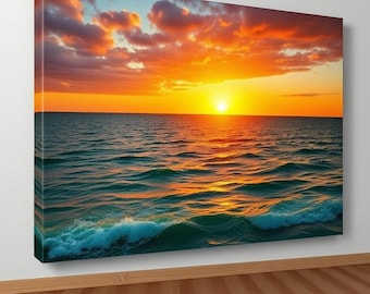 May include: A vibrant sunset over a calm ocean with a bright orange sky and fluffy clouds. The sun is setting in the distance, casting a golden glow on the water.
