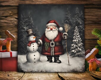 Santa and Snowman Canvas Print: Christmas Winter Forest Decor