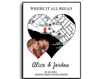 Custom Heart Map Canvas Print, Anniversary Gift, First Date Memory