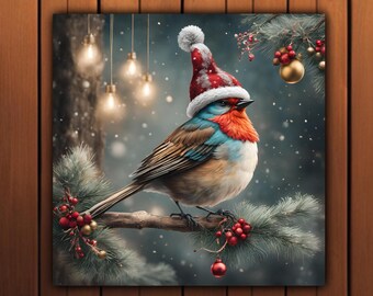Sparrow in Santa Hat Canvas Print: Festive Winter Bird Decor