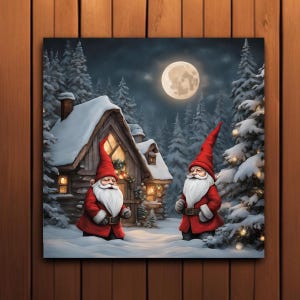 Cute Gnomes Celebrating Christmas - Gnome Christmas Wall Art- Festive Seasonal - Christmas Night - Festive Winter Decor Gift - Ready to Hang