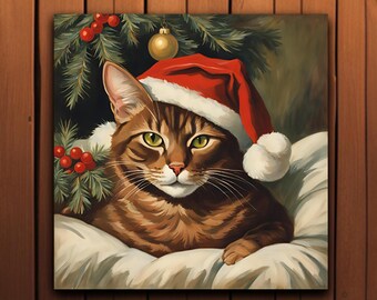 Festive Cat Christmas Canvas Art: Red Santa Hat, Snowy Winter Decor