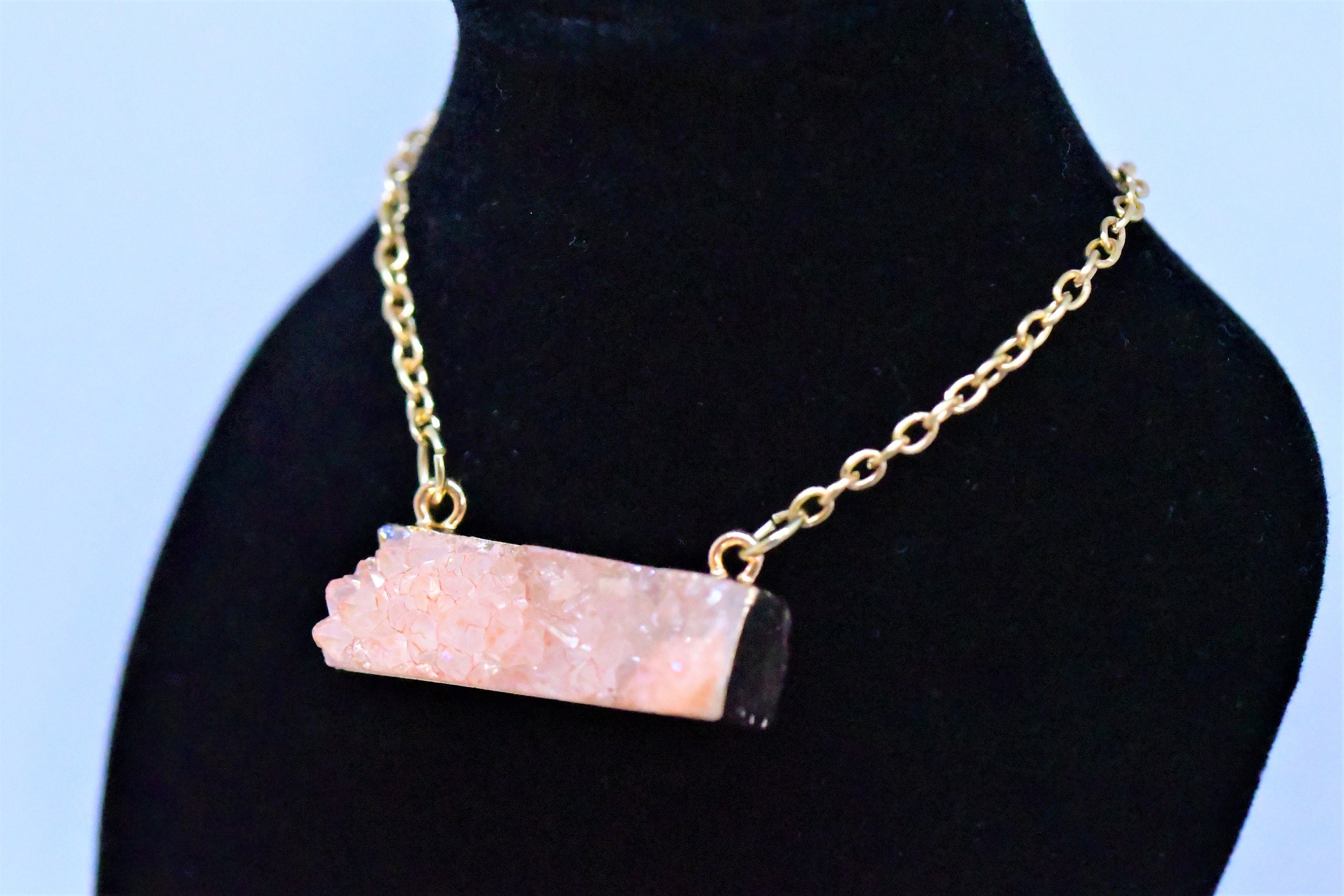 Druzy Rose Quartz Bar Necklace Pink Quartz Goldedged Etsy