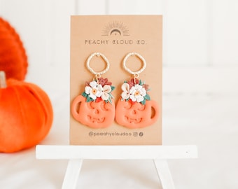 Floral Pumpkin Mug Earrings, Pumpkin Earrings, Flower Pumpkin Earring, Handmade Clay Pumpkin Earrings, Fall Polymer Clay Earrings, Halloween