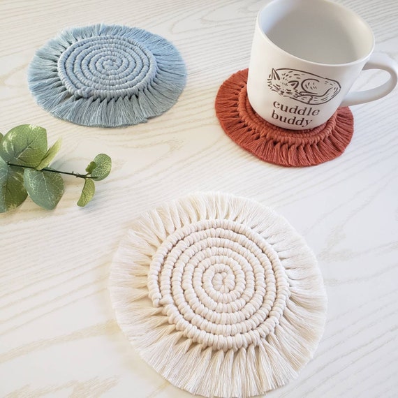 Boho Circular Coasters Personalise Colour Housewarming Gift Single Natural Cotton Macrame Handmade Coasters Made to Order