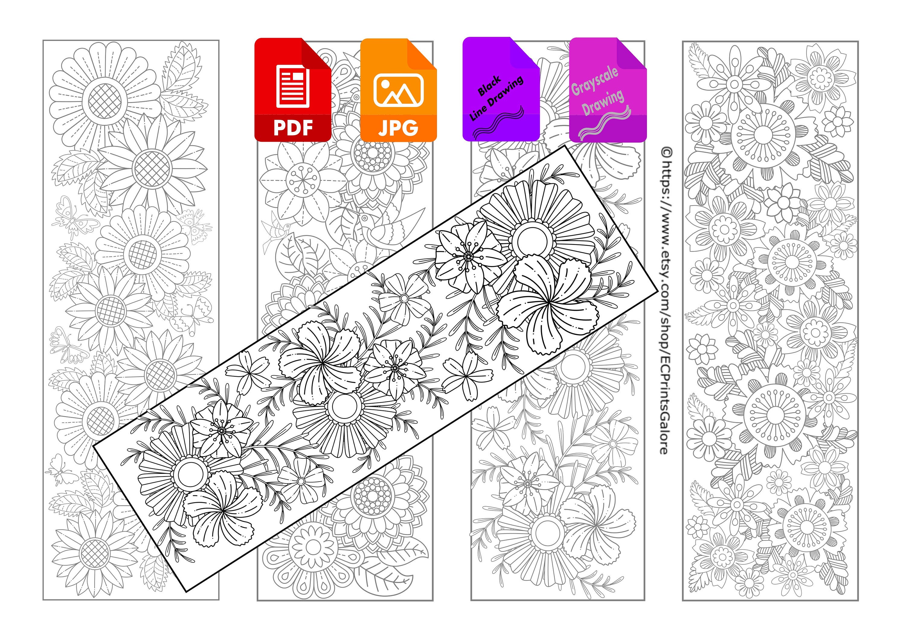 printable floral bookmarks instant download adult coloring
