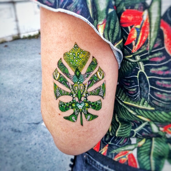 Philodendron tatouage temporaire de feuille tropicale, motif unisexe, parfait pour les festivals, et tout l’été