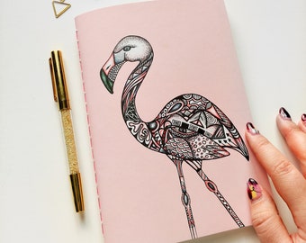 Handmade notebook A5 with my flamingo design / colourful and fun notebook for school or office