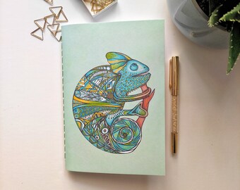 Handmade noteebook A5 with my chameleon illustration / Colourful and fun notebook for school or office