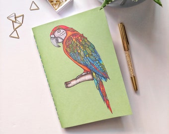 Handmade noteebook A5 with my parrot illustration / Colourful and fun notebook for school or office