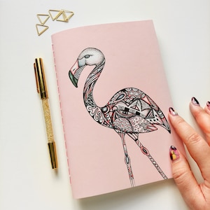 Handmade notebook A5 with my flamingo design / colourful and fun notebook for school or office image 1