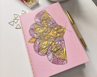 Handmade notebook A5 with my rosie maple moth illustration / colourful and fun notebook for school or office