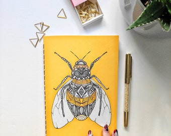 Handmade noteebook A5 with my bee illustration / Colourful and fun notebook for school or office