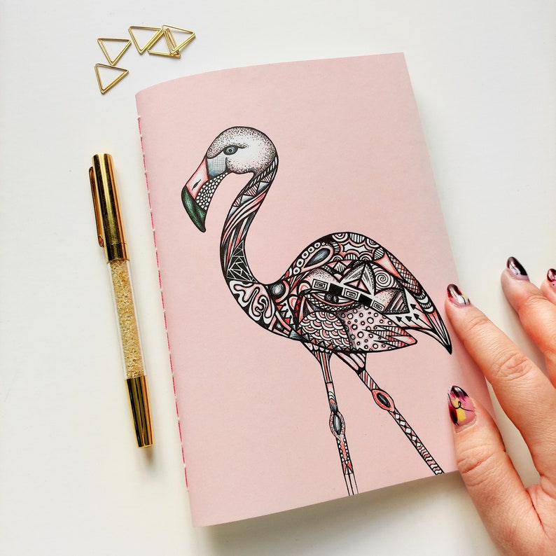 Handmade notebook A5 with my flamingo design / colourful and fun notebook for school or office image 1