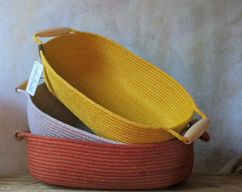 Rope tray with wood handles, Hand-dyed rope basket, Breadbasket, Mail basket, catch-all, House warming gift, Host gift, Maine-made, Unique