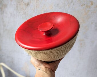 Small rope bowl, One of a kind, Hand-turned wood lid, Red basket, Maine-made, Ready to ship, Rope basket, Gift, Rope basket wood lid,