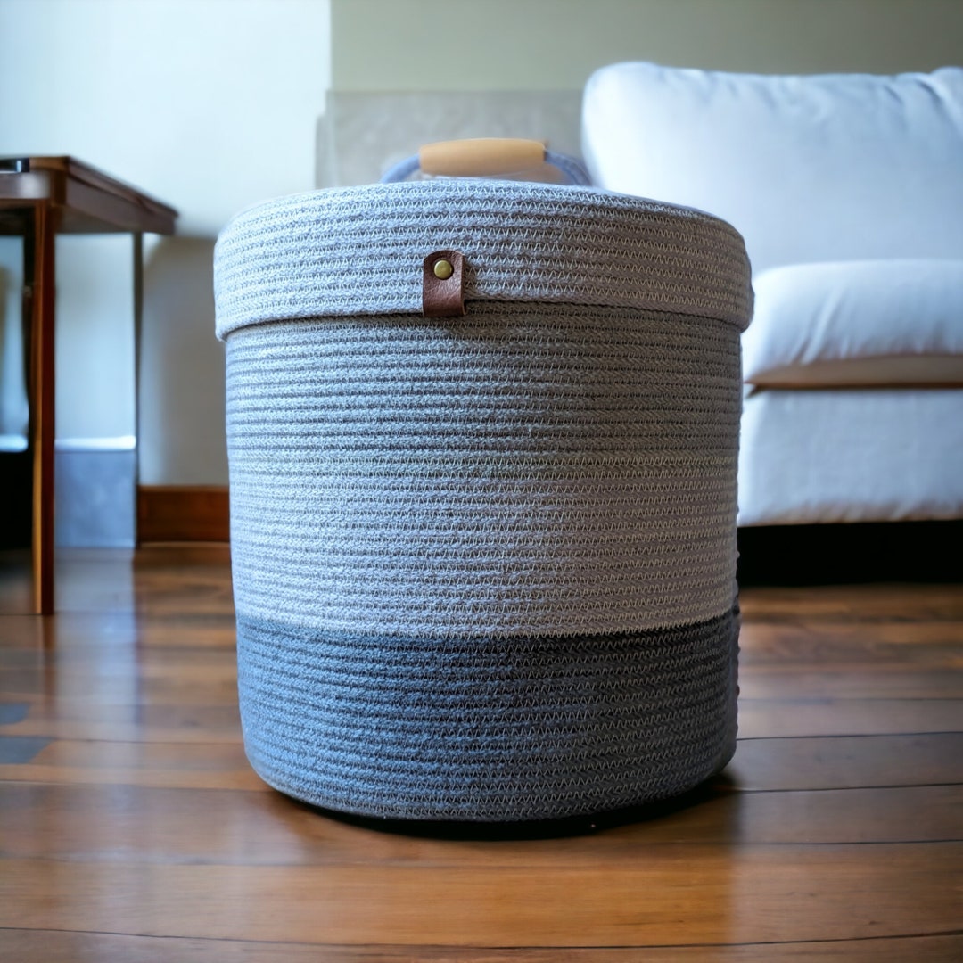 Ready to Ship Rope Basket, Hand Dyed Blanket Basket With Lid Wood