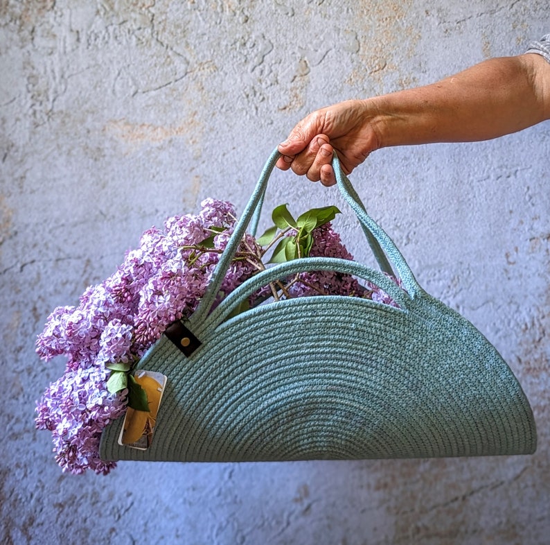 Hand made, Hand-dyed, Rope Gathering basket, Harvest tote, Garden basket, Harvest Basket, Made in Maine, Rope trug, Herb tote, Foraging tote Cornflower blue