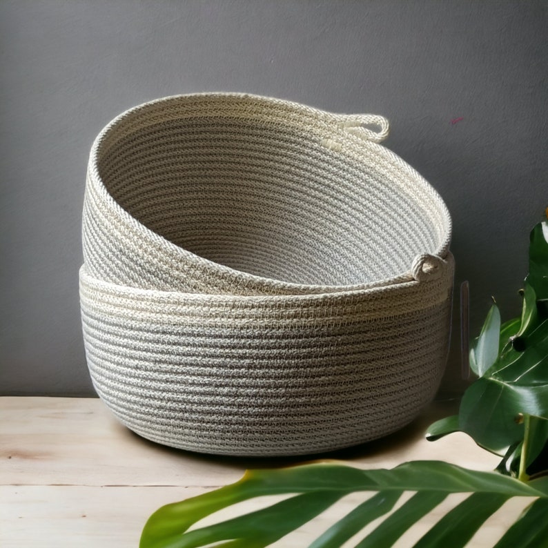 Rope basket, More hand-dyed colors available, Vegan cotton rope basket, Made in Maine, Kitchen basket, Unique hand made gift, Teachers gift Pearl gray