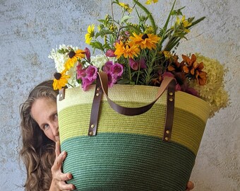 Rope basket, Rope tote, Rope bag, Fall tote, Made in Maine, Everyday tote, Market bag, Project tote, great gift, hand made, hand dyed