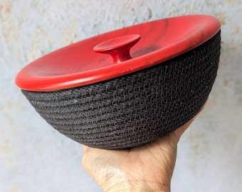 Small rope bowl, One of a kind, Hand-turned wood lid, Red basket, Maine-made, Ready to ship, Rope basket, Gift, Rope basket wood lid,
