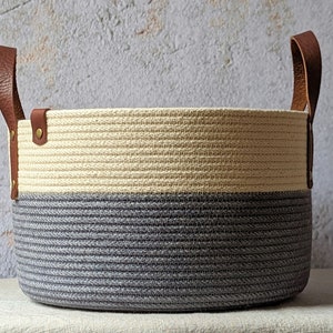 Rope basket with leather handles, Knitting basket, Catchall, Toy basket, Cube storage, Wedding gift, Baby shower gift, Maine made, Hand-dyed