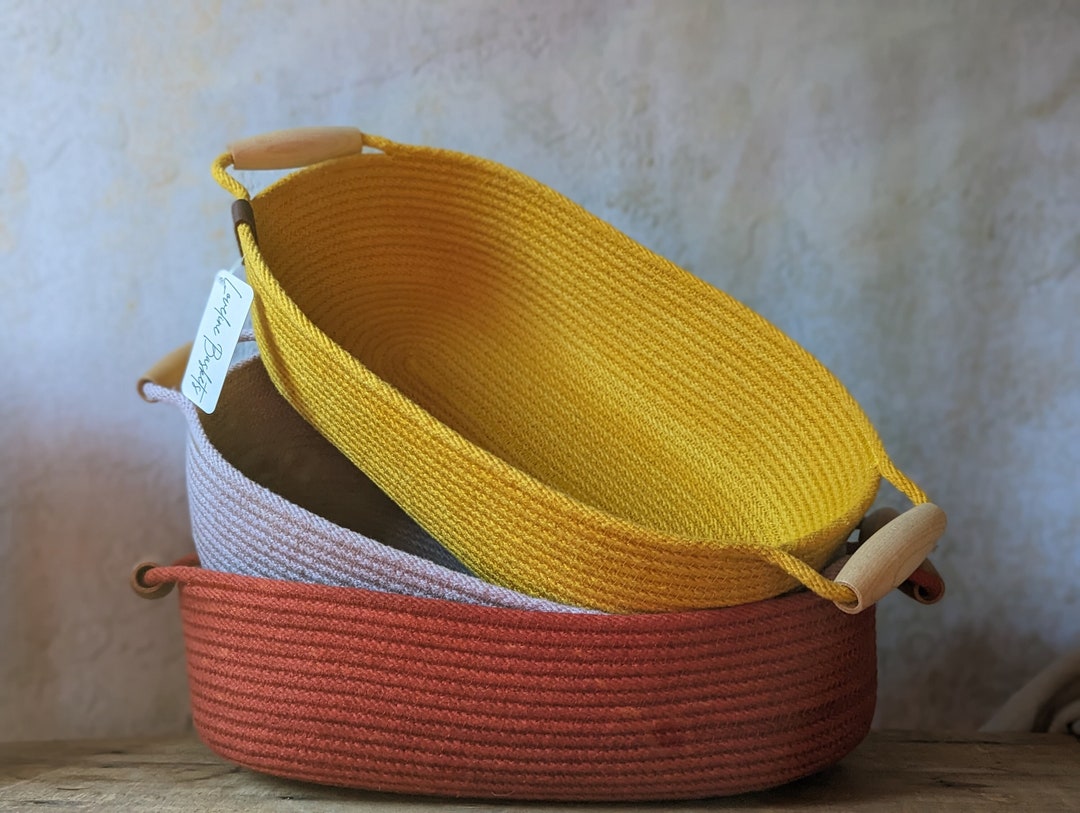 Rope Tray With Wood Handles, Handdyed Rope Basket, Breadbasket, Mail