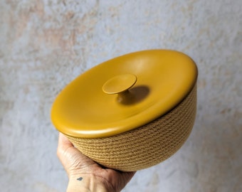 Rope basket, Hand- turned Wood lid, One of a kind, ready to ship, Uniquely made gift, Golden yellow Poplar lid, Original design, Maine