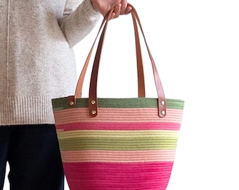 Bolso tote de cuerda de algodón teñido a mano – Bolso de hombro a rayas para el mercado, la playa y el uso diario