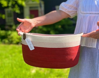 Hand Dyed Cotton Rope Storage Basket with Wood Handles