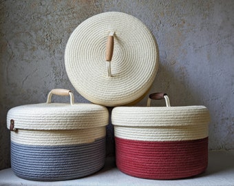 Hand made, Rope basket, Basket with lid, Many colors available, Made in Maine, Living room décor, Made to order, Hand-turned wood handle