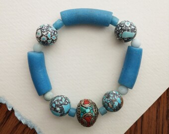 African Inlaid and Blue Recycled Bead Bracelet