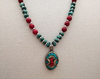 Coral and Turquoise Inlaid Charm Necklace
