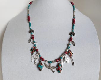 Turquoise and Coral Charm Necklace