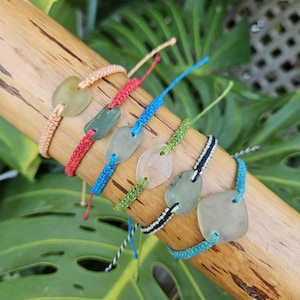 Woven bracelet with genuine sea glass. Drilled sea glass wristband. Surfer unisex bracelet. Stack beachy bracelet. Adjustable  wristband.