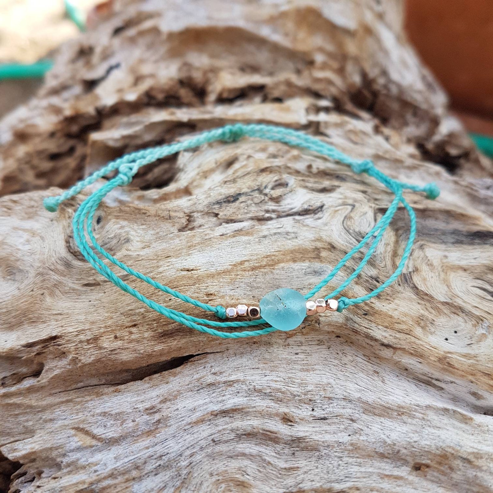 Surfer boho bracelet. Wax thread bracelet. Drilled sea glass Etsy