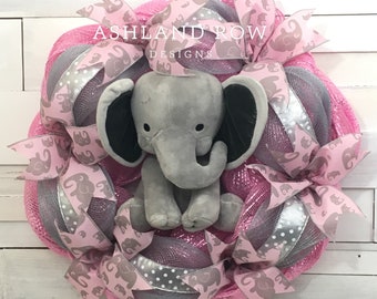 Baby Girl Elephant Wreath, Baby Shower Wreath, Baby Wreath, Elephant Wreath, Baby Elephant Wreath, Girl Door Wreath