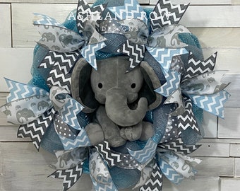 Baby Boy Elephant Wreath, Baby Shower Wreath, Baby Wreath, Elephant Wreath, Baby Elephant Wreath, Boy Door Wreath