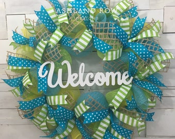 Spring Welcome Wreath, Blue/Green/Yellow Spring Wreath, Summer Welcome Wreath, Summer Wreath, Front Door Wreath, Bright Colored Wreath