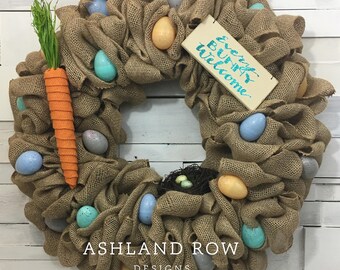 Burlap Easter Egg Wreath, Easter Wreath, Burlap Wreath, Spring Wreath, Front Door Wreath, Every Bunny Welcome, Burlap Speckled Egg