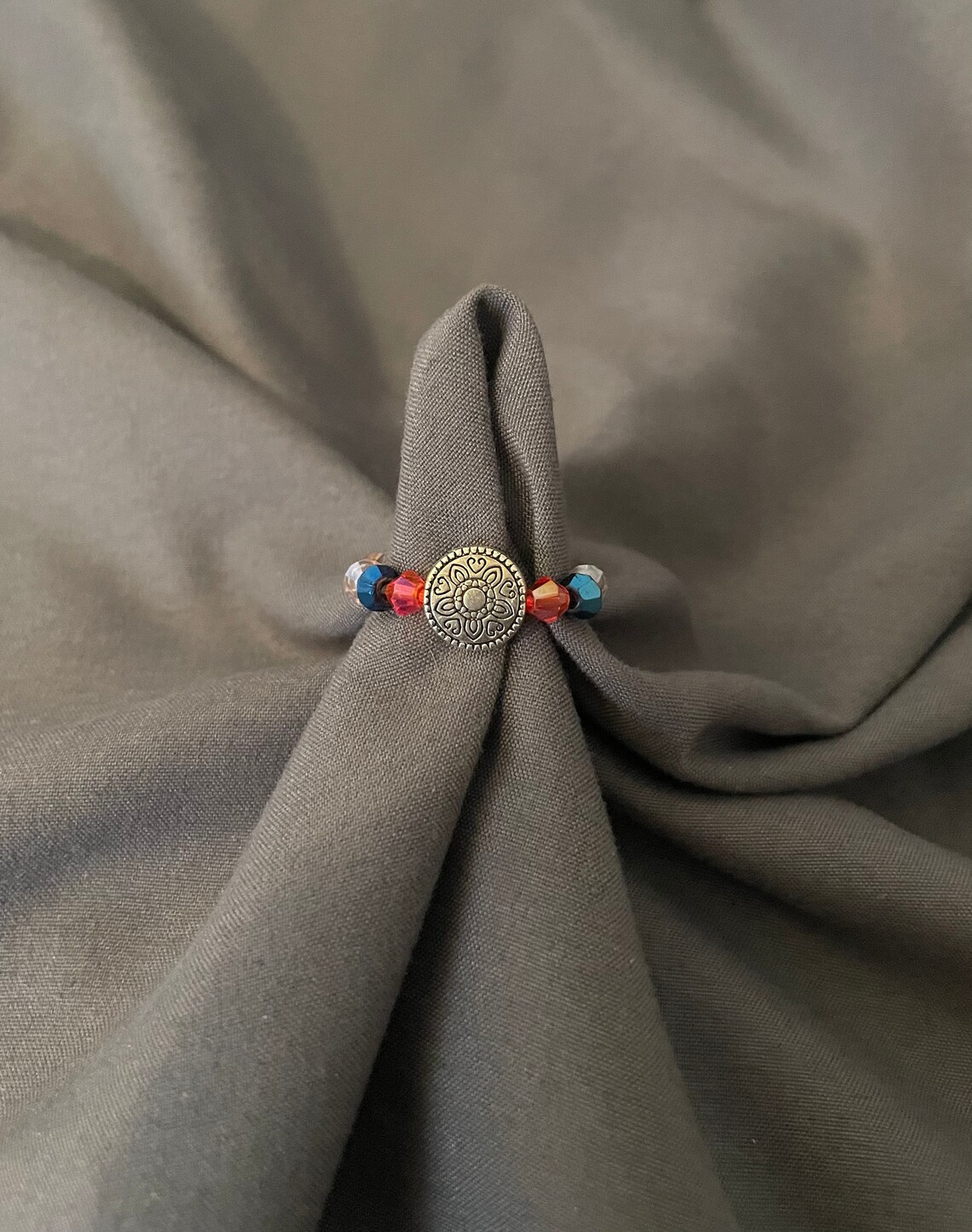 Multicolor Elastic Beaded Ring With Metal Charm Etsy