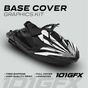 Puede incluir: Dise&ntilde;o gr&aacute;fico en blanco y negro para una moto acu&aacute;tica. El dise&ntilde;o presenta un patr&oacute;n de rayas blancas y negras sobre un fondo negro. El dise&ntilde;o se llama "Base Cover Graphics Kit" e incluye el texto "101GFX".