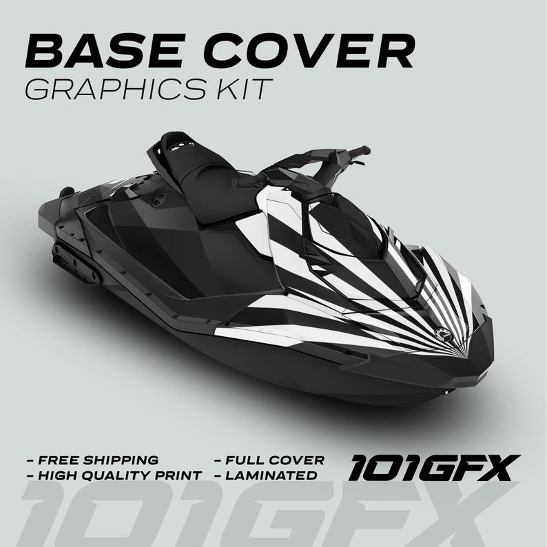 Puede incluir: Dise&ntilde;o gr&aacute;fico en blanco y negro para una moto acu&aacute;tica. El dise&ntilde;o presenta un patr&oacute;n de rayas blancas y negras sobre un fondo negro. El dise&ntilde;o se llama "Base Cover Graphics Kit" e incluye el texto "101GFX".
