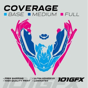 May include: A graphic showing different coverage options for a vehicle wrap. The options are Base, Medium, and Full. The graphic shows a blue and pink design for a vehicle wrap. The text "101GFX" is in the bottom right corner.
