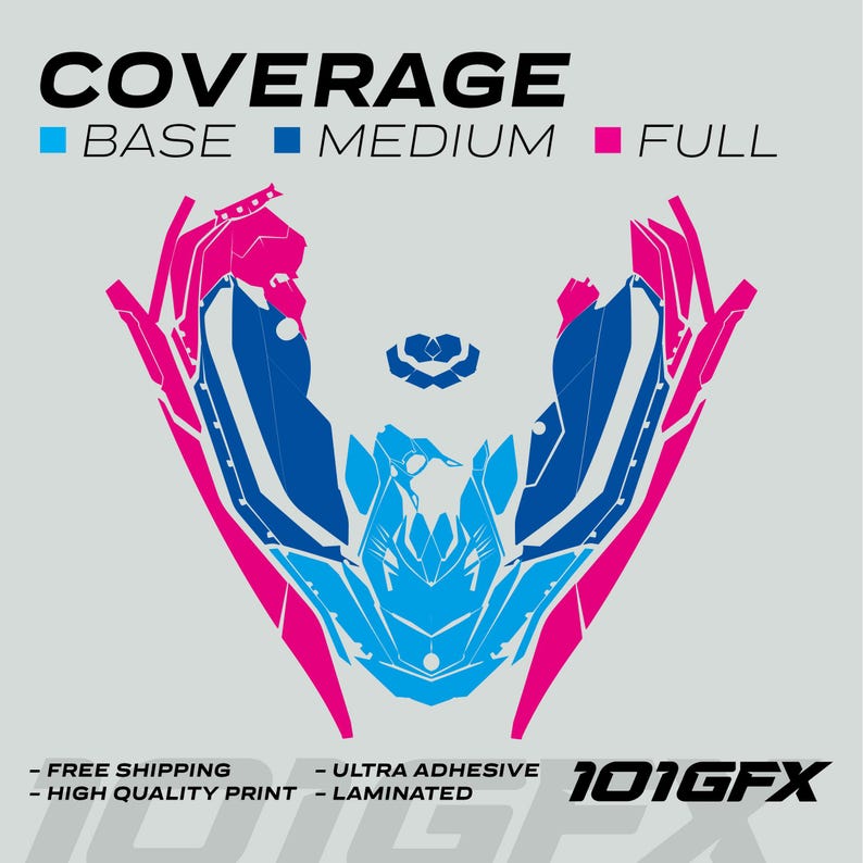 May include: A graphic showing different coverage options for a vehicle wrap. The options are Base, Medium, and Full. The graphic shows a blue and pink design for a vehicle wrap. The text "101GFX" is in the bottom right corner.