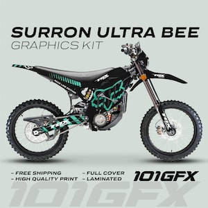 Surron Ultra Bee Graphics Kit FOX RACE LINE Black Mint Decals Stickers Laminated Fox Racing eBike Sur-Ron Ultra Decals Wrap Protection